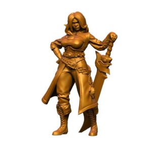 miniature figure of Kenza, a female fighter resting her hand on a giant greatsword, wearing a long coat.