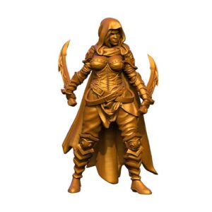 miniature figure of Lauren, a hooded female rogue dual-wielding curved daggers.