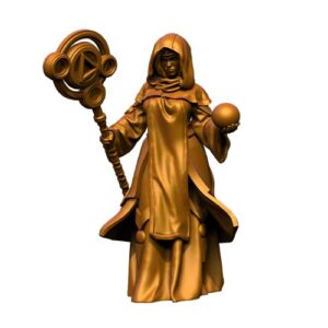 miniature figure of Sanel, a hooded female mage holding a geometric magic staff and a spell orb.
