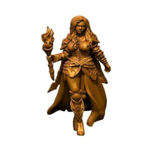 miniature figure of Sonya, a female adventurer wearing armor and holding a flaming torch.