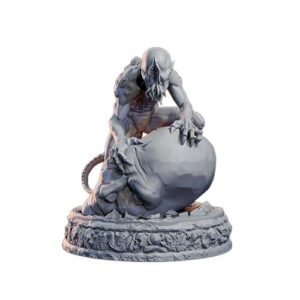 Whisperer in the Walls Aberration Miniature - Unpainted Resin. Terrifying horror monster model on a 25mm base for TTRPGs like D&D or Pathfinder. This faceless, subterranean creature features a vertical mouth, sharp claws, and a long tail, shown crouching on a large stone. Lava Forge collection.