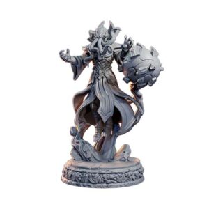 Xar'keth Mind Flayer Mage Miniature - Unpainted Resin. Levitating Illithid sorcerer model on a 25mm base for TTRPGs like D&D or Pathfinder. This aberration spellcaster features a tentacled face, flowing robes, a dynamic casting pose, and a floating magical rock sphere. Lava Forge collection.