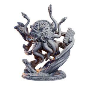 Xylar'th Giant Brain Aberration Miniature - Unpainted Resin. Massive boss-scale elder brain monster model on a 75mm base for TTRPGs like D&D or Pathfinder. This highly detailed floating intellect horror features multiple eyes, crystal-tipped tentacles, and ruined columns. Lava Forge collection.
