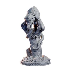 Xylok Brain Aberration Miniature - Unpainted Resin. Large predatory monster model on a 50mm base for TTRPGs like D&D or Pathfinder. This highly detailed alien beast features an exposed brain, sharp beak, armored back plating, and a long tail, shown perched on a broken stone column. Lava Forge collection.