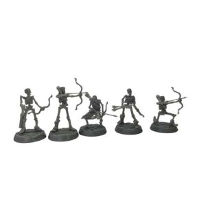 A front-view photograph of five unpainted grey resin skeleton archer miniatures against a white background. The skeletal figures are posed dynamically, drawing their bows and aiming arrows, standing on circular, cobblestone-textured bases. Some wear tattered remnants of clothing or carry quivers.