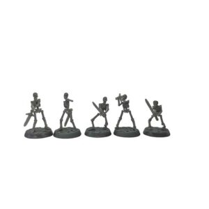 A front-view photograph of five unpainted grey resin skeleton warrior miniatures against a white background. The bare skeletal figures are dynamically posed mid-swing or in combat stances, wielding large two-handed greatswords. They are mounted on circular, cobblestone-textured bases.