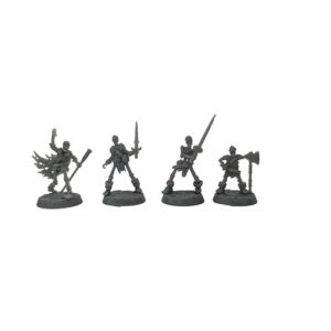 A front-view photograph of four unique, unpainted grey resin skeleton hero miniatures against a white background. From left to right, the varied figures include a spellcaster with a tattered cape and staff, a warrior drawing a sword, a warrior wielding a large two-handed sword, and a shorter, armored skeleton holding an axe. They stand on circular, cobblestone-textured bases.