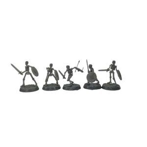 A front-view photograph of five unpainted grey resin skeleton swordsman miniatures against a white background. The skeletal figures are dynamically posed holding swords and round shields, mounted on circular, cobblestone-textured bases.
