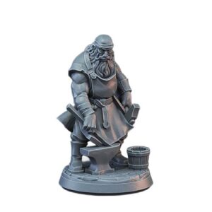 A highly detailed greyscale 3D digital render of a fantasy blacksmith miniature against a white background. The smooth digital lighting emphasizes the muscular, bearded figure wearing a bandana and apron as he works a blade on an anvil with tongs and a hammer. A wooden bucket rests nearby on the cobblestone base.