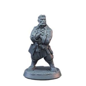 A highly detailed greyscale 3D digital render of a fantasy butcher miniature against a white background. The smooth digital lighting emphasizes the stout man's stern expression and mustache as he stands with his arms securely crossed. He wears a laced shirt under a thick apron, with a large cleaver and knives prominently secured to his belt, standing on a cracked stone base.