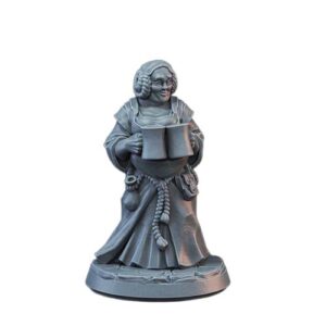 A highly detailed greyscale 3D digital render of a fantasy innkeeper miniature against a white background. The smooth digital lighting emphasizes the cheerful, stout woman with braided hair holding two large tankards. She wears a long dress and an apron tied with a rope belt, from which accessories hang, standing on a cracked stone base.